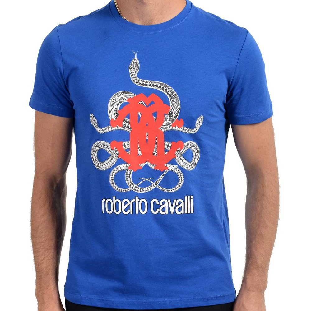 Roberto Cavalli Men's Blue Graphic Print Crewneck